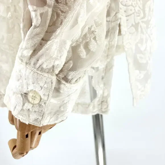 Vintage 90s Gotcha Covered Ivory Velvet Burnout Floral Blouse - Picture 6 of 8